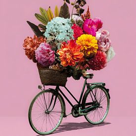 Fahrrad mit bunten Blumen auf rosa Hintergrund von But First Framing
