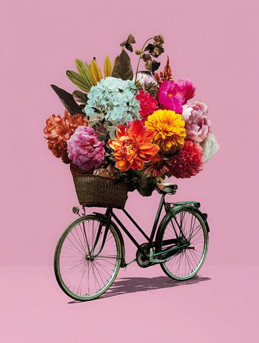 Vélo orné de fleurs colorées sur fond rose