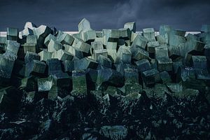 Concrete blocks protect harbor on coast (Front) by Rick Van der Poorten