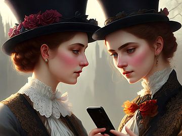 Twee jonge Victoriaanse vrouwen met een smartphone van Retrotimes