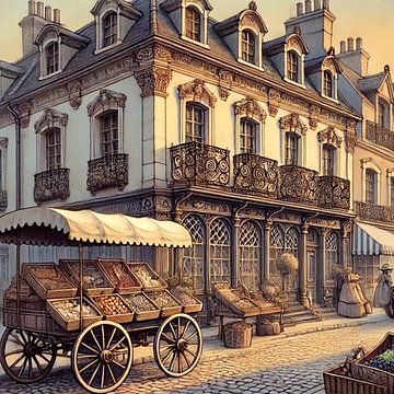 Paris Market Corner - Pariser Straße mit Marktkarren und klassischen Fassaden von Kleurenrijk