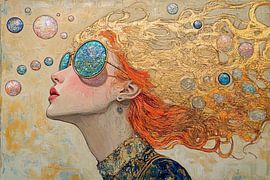 Sunny Reflections | Dame mit rotem Haar Sonnenbrille von Blickfänger Gemälde