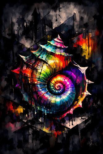 Neon-Nautilus in het donker – Abstracte regenboogmuurschildering met een stedelijke mystiek