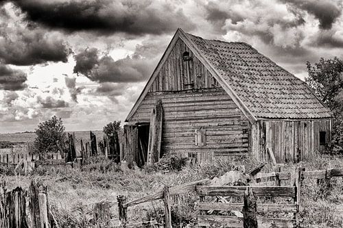 Oude houten schuur op Texel zwart-wit