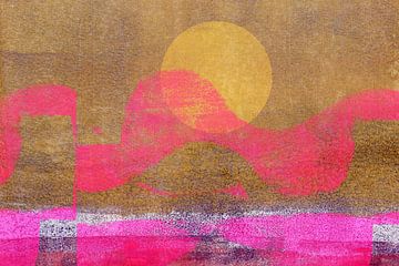 Abstract minimalistisch landschap in goud en neonroze van Dina Dankers