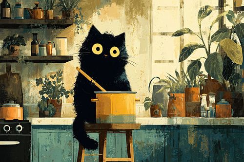 Een zwarte kat roert in de grote pan