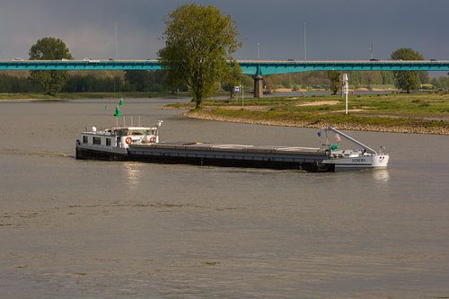 Een binnenvaartschip in het rivieren landschap