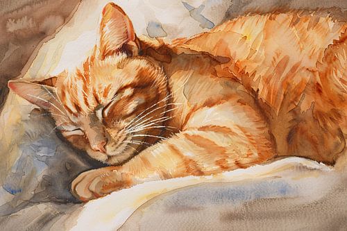 Slapende Kat in Warme Aquarelkleuren