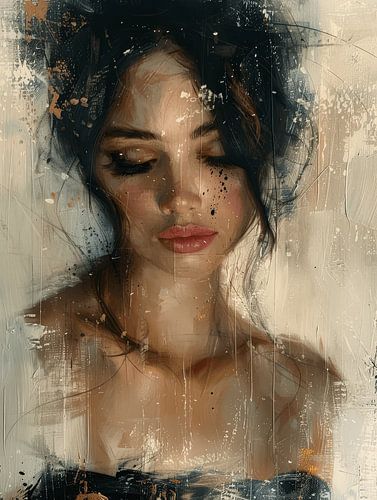 Modern en abstract portret van een jonge vrouw in aardetinten.