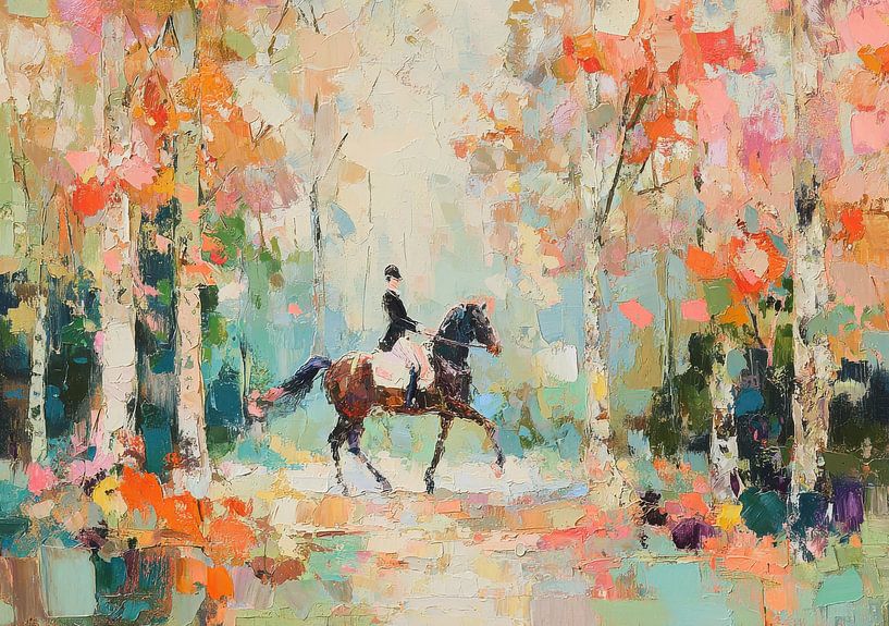 Rider on brown horse in autumn forest by Niklas Maximilian