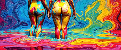 Naakte vrouwenlichamen komen tevoorschijn uit de vloed van kleur - tussen figuratie en ontbinding in de zee van de regenboog