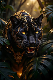 Fantasy Wall Art & Poster: THE GOLDEN PANTHER – The Mystical Predator in the Jungle by INFERAURUM - Dark Fantasy Wall Art & Poster