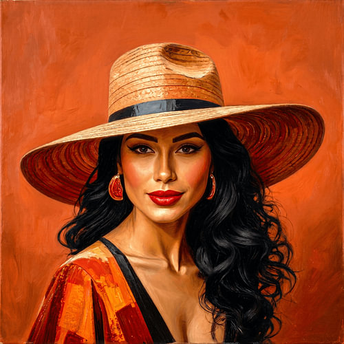 Portret van een elegante Zuid Europese vrouw met strohoed