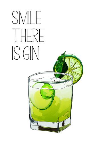 Smile There Is Gin Poster – Cocktail Illustratie – Thuisbar Decor – Humoristische Wanddecoratie voor de Keuken of Woonkamer