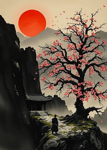 Samoerai bij tempel met kersenbloesems