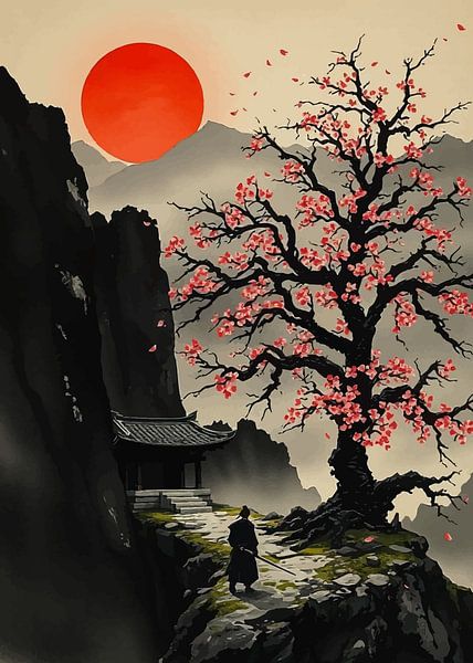 Samouraï au temple avec des cerisiers en fleurs par MIROKKU