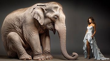 Vrouw staat voor een zittende olifant. van Luc de Zeeuw