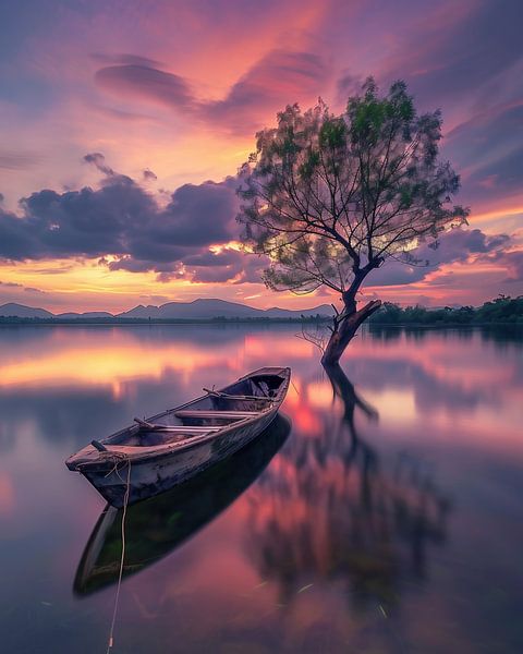 Calm boat on a clear lake by fernlichtsicht