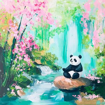 Panda in een bloeiende tuin van Poster Art Shop