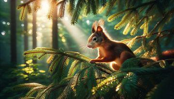Lichtspel in het dennengroen: eekhoorns in het bos van artefacti