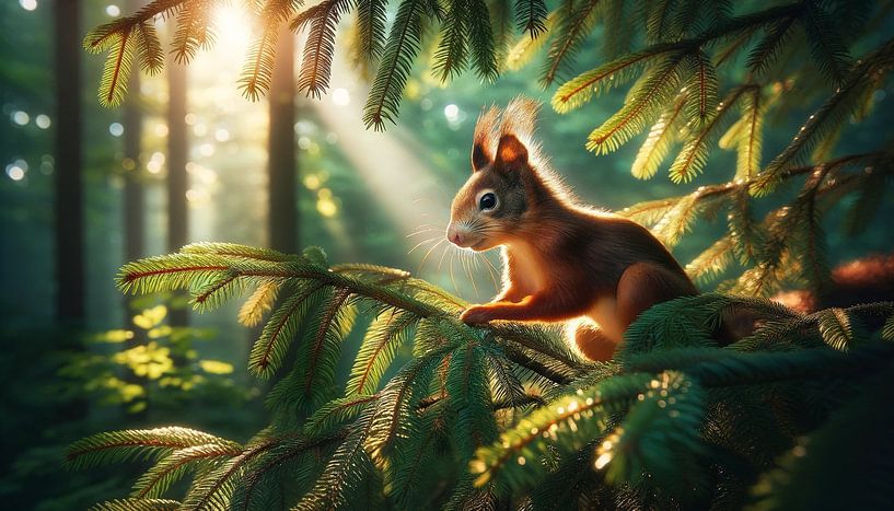 Play of light in the fir green: squirrels in the forest by artefacti