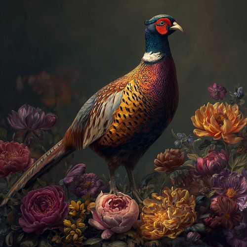 Kleurrijke Fazant – Vogel met Bloemen | Bloemenkunst voor aan de Muur van Danny van Eldik - Perfect Pixel Design