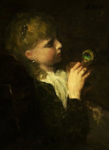 Digitally restored Girl with peacock feather Jacob Maris