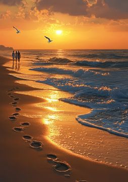 Gouden Zonsondergang Wandeling op het Strand met Voetafdrukken en Zeemeeuwen van marukin