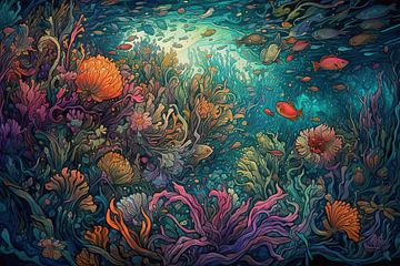 Kijkje in de Zee | Onder water schilderij | Koraalrif van ARTEO Schilderijen