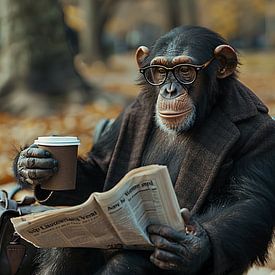 Busy monkey with coffee and newspaper on park bench by Felix Brönnimann