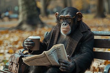 Singe occupé avec du café et un journal sur un banc de parc sur Felix Brönnimann