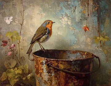 Roodborstje op roestige emmer van Emiel de Lange