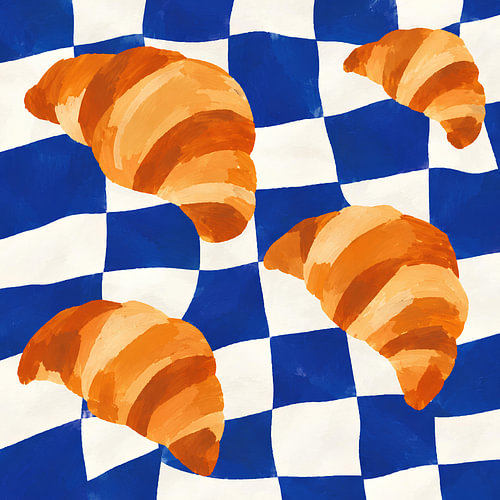 Croissants op een blauw geruit patroon