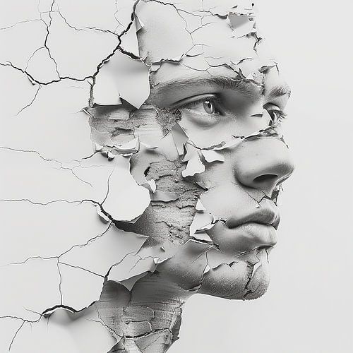 a face disintegrating into pieces