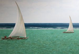 Groen en blauw oceaan Zanzibar van Russell Hinckley