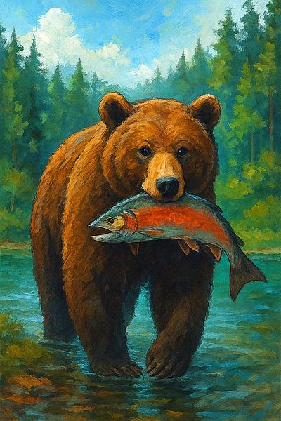 Bear with salmon in natural habitat painting. by Gallery Hoppenbrouwers