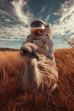Astronaut berijdt een emoe in het veld van Poster Art Shop