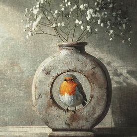 Robin in stone vase with white flowers - nostalgic artwork by Emiel de Lange