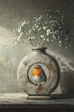 Rouge-gorge dans un vase en pierre avec des fleurs blanches - œuvre d'art nostalgique