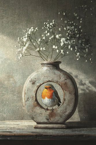 Roodborstje in stenen vaas met witte bloemen - nostalgisch kunstwerk