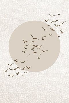 Japandi. Abstract landschap met pastel sepia zon en vogels op Japans bullseye patroon van Dina Dankers