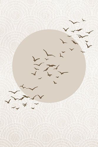 Japandi. Abstract landschap met pastel sepia zon en vogels op Japans bullseye patroon