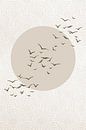 Japandi. Abstract landschap met pastel sepia zon en vogels op Japans bullseye patroon van Dina Dankers thumbnail