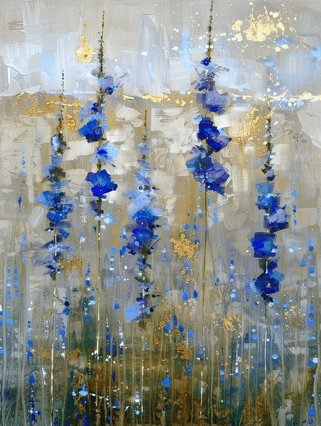 Landschaft mit Blumen in Blau und Gold von Japandi Art Studio