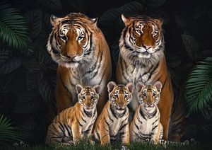 Tigerfamilie mit 3 Jungtieren