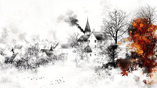 Gezellig dorp in de herfstsneeuw