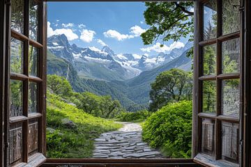 Uitzicht vanuit het raam op de Alpen van Poster Art Shop