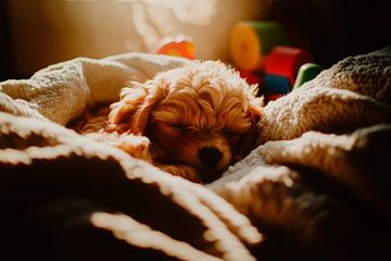 Slapende puppy in warme dekens van Poster Art Shop