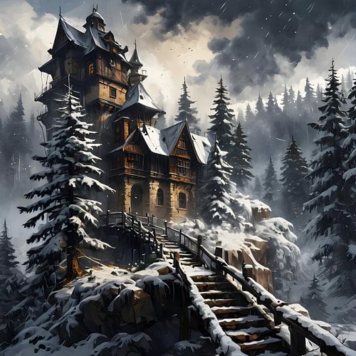 Woodhouse Castle, castle in a wintry forest