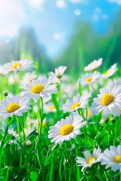 Bloeiende madeliefjes in het gras van Poster Art Shop